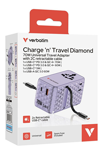 Verbatim 70W GaN Travel Adapter with 2 Retractable USB-C Cables, USB-A, Violet