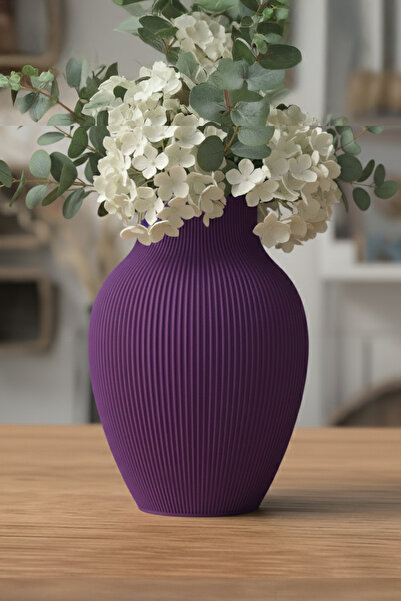 MEK مزهرية بلاستيكية مزخرفة بتصميم بيضاوي مع خطوط عمودية باللون الأرجواني (20...