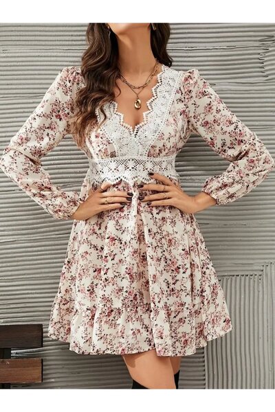 Wear Up Women's Long Sleeve Lace V-Neck Mini Patterned Single Jersey Dress