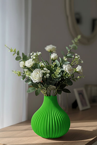 MEK مزهرية بلاستيكية مزخرفة بخطوط جمالية باللون الأخضر (22 × 22 سم)