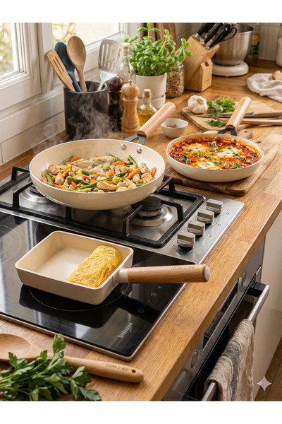 RİVO HOME DECOR The Mia Cucina Di Mia 3-Piece Ceramic Frying Pan Set 24cm 26cm Omelette Induction Compatible