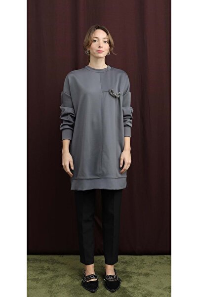 Puane 26K10717 TUNİK SWEAT SCUBA KUMAŞ ÖNÜ BONCUK DETAYLI ANTRASİT