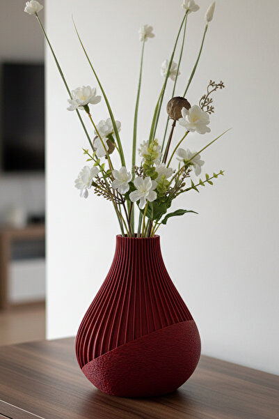 MEK مزهرية بلاستيكية مزخرفة بتصميم مزيج من الأنسجة والخطوط باللون الأحمر (20×17 سم)