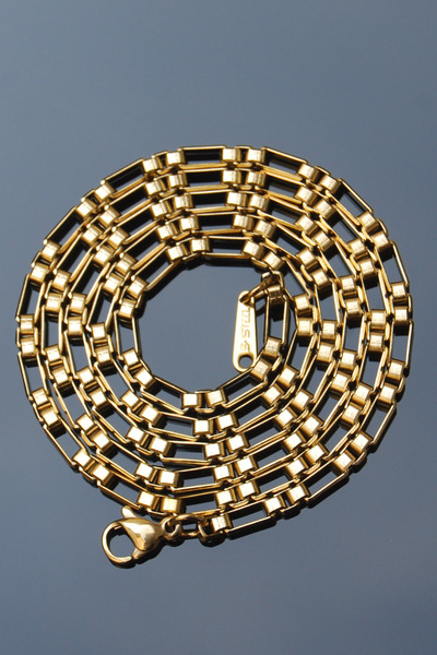 Rua Jewelry Steel Italian Cube Rectangle Chain Necklace 3 mm Gold Color |   Non-Tarnishing, Unisex, 2-Year Warranty