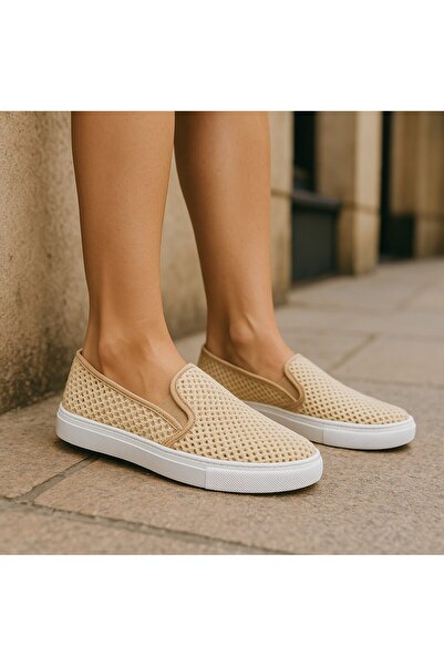 SAVETTE حذاء صيفي كاجوال من الكتان الشبكي باللون البيج