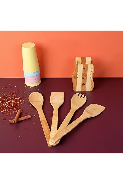 Generic Bamboo kitchen utensil set with holder, 5 pieces, includes spoons, fork and spatula, wooden