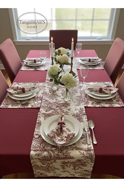 Tangül&Ali'S Moda Evi 14 Parça Bordo Fransız Köylü Desen Masa Örtüsü, Kokteyl...