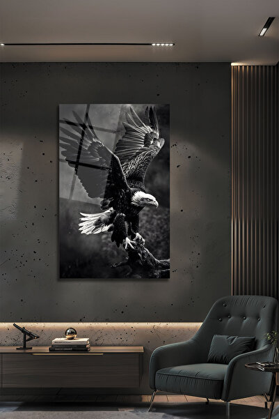 B&G DESIGN Temperli Cam Tablo Kartal Kanat Açan Siyah Beyaz Lüks Dekoratif Ofis Ev Dekoru