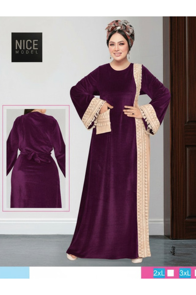 Nice Model فستان ماكسي مخملي فاخر بمقاسات كبيرة للنساء بأكمام طويلة مطرزة قفط...