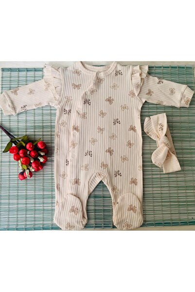 Z&M ÇOCUK ESYA BABY KIZ BEBEK 0-3 3-6 AY KREM FİYONK DESENLİ BANDANALI TULUM