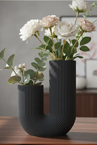 MEK Striped U Curved Decorative Vase Black (23X17Cm)