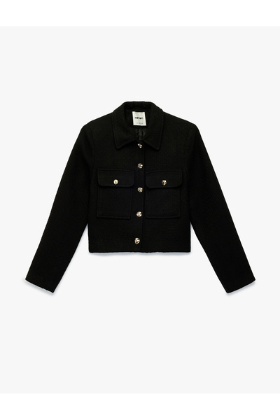 Koton Buttoned Long Sleeve Tweed Jacket with Pockets