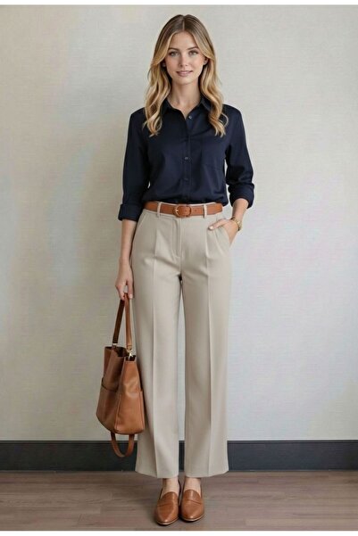 leymoda بنطلون نسائي عالي الخصر مع حزام، بنطلون مطوي، بنطلون ضيق الساق