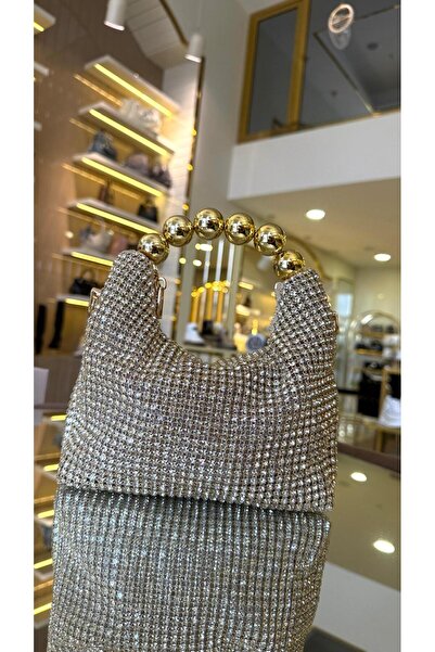 KRISTE BELL İthal Kristal Taşlı İnci Saplı Kadın Çanta 27073 Altın