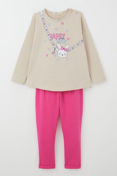 Breeze Baby Girl Tights Set Happy Bunny Printed Hearts 9 Months-3 Years, Beige