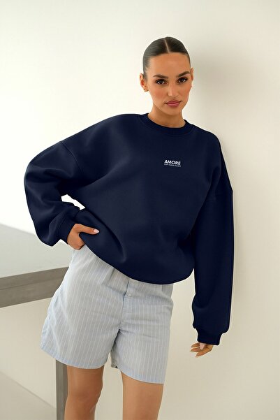 The Champ Clothing Women's Oversized Sweatshirt Amore Navy Blue – Crew Neck, 3 Thread Sherpa Fleece