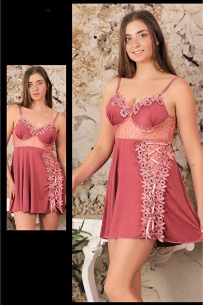 Nice Model Floral Embroidered Babydoll Nightgown with Lace Trim Satin Sleepwe...