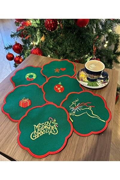 asyakuş 6 Pieces Christmas Theme Embroidered Coffee Side Cocktail Linen Prese...