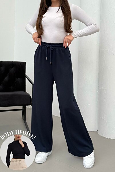 Mezka Γυναικείο παντελόνι με ψηλή μέση, μπλε ναυτικό, με τσέπες, άνετη φόρμα, Modal Touch, φαρδύ πόδι