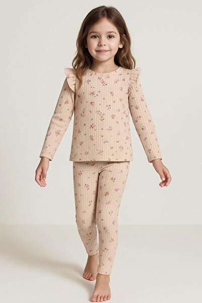 Breeze Girl's Leggings Set with Floral Pattern and Ruffle Detail on the Shoulder, Ages 2-6, Powder