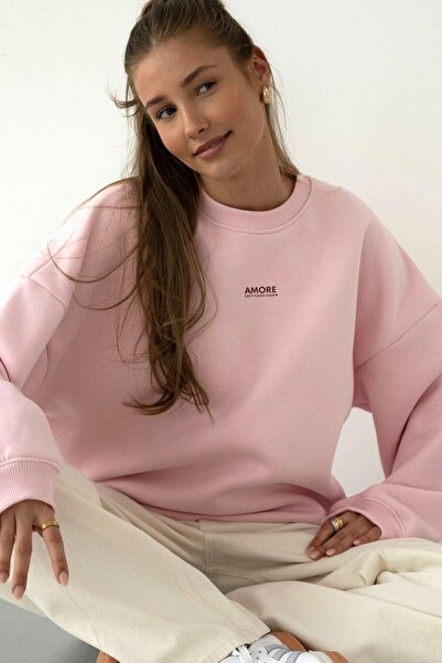 The Champ Clothing Women's Oversized Sweatshirt Amore Pink – Crew Neck, 3 Thread Sherpa Fleece