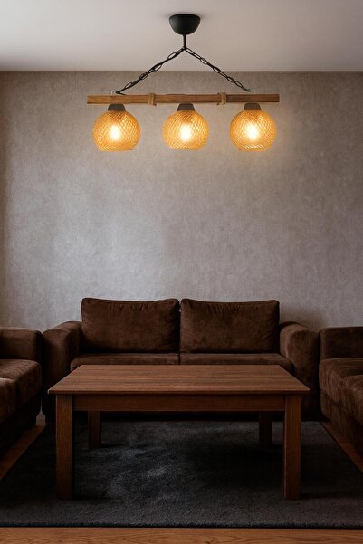 BİAVİZE 3'LÜ AHŞAP HASIR TASARIM AVİZE