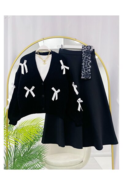 YEDİLALE طقم مكون من كارديجان تريكو بتفاصيل فيونكة وتنورة واسعة [الكارديجان والتنورة فقط]