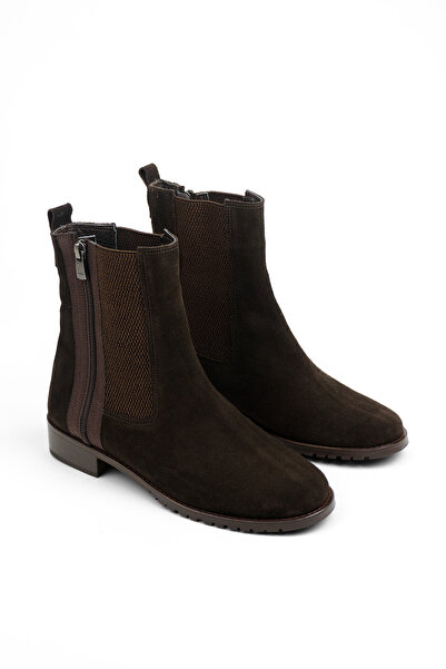 RABU Bitter Brown Suede Women's Genuine Leather Zippered and Elastic Chelsea ...