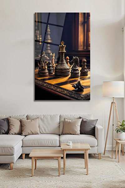 B&G DESIGN Temperli Cam Tablo Satranç Şah Figürü Zeka Oyunu Lüks Dekoratif Du...