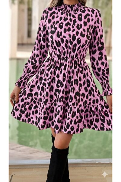 Wear Up Women's Long Sleeve Half Turtleneck Leopard Print Modal Mini Dress