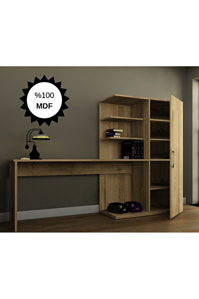 Bicabin MDF Narin Raflı Kitaplıklı Dolaplı Çalışma Masası LEFKAS MEŞE (DOLAP SAĞ)