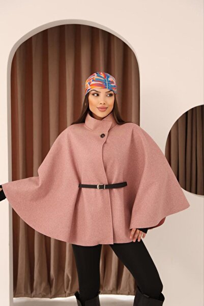 Stil Sepeti Women's Pink Mock Neck Wide Sleeve Poncho with Belt at Waist Drl-...