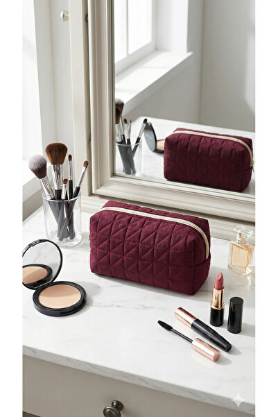 Pazar Kapısı Луксозна чанта за грим и козметика с капитониран мотив в бордо