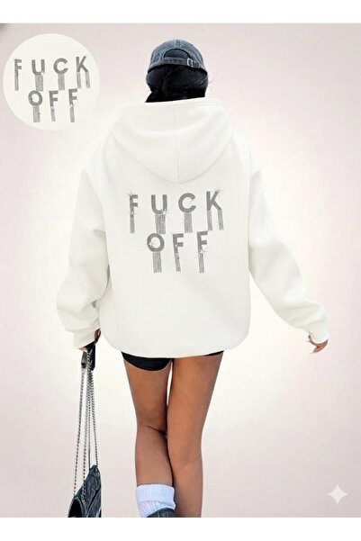 Afri Ecru pentru femei supradimensionat cu glugă Swea tricou – Cu scriere „F*ck Off” – Confortabil și casual cu pietre aplicate Üs
