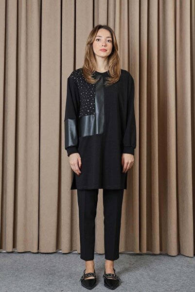 Puane 26K10738 TUNİK DERİ VE TAŞ DETAYLI SİYAH