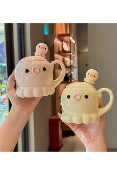 Bam Octopus Themed Ceramic Mug with Spoon and Lid