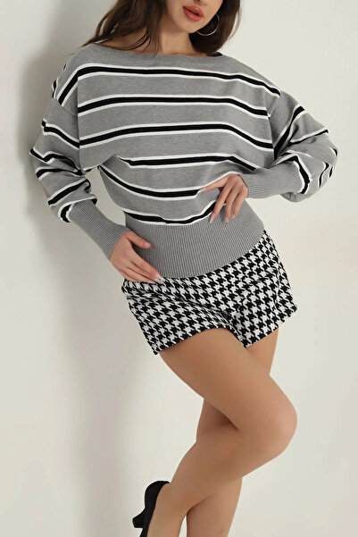 VıoShıne Kadın Çizgili Kayık Yaka Triko Kazak