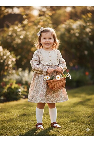 mayakids Flower Patterned Cotton Linen Ruffle Collar Girl's Dress