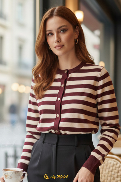 AYMELEK Women's Striped Knitwear Cardigan Buttoned Crew Neck Short Soft Textu...