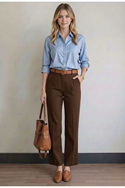 leymoda Γυναικείο παντελόνι ψηλόμεσο με ζώνη, πλισέ παντελόνι, στενό παντελόνι