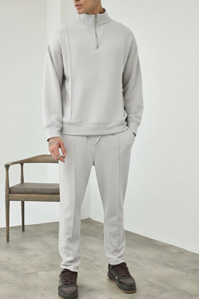 MADZEYMODA Premium Men's Modal Fabric Half-Zip Mock Neck Greenish Gray Top and Bottom Set Ls-87009