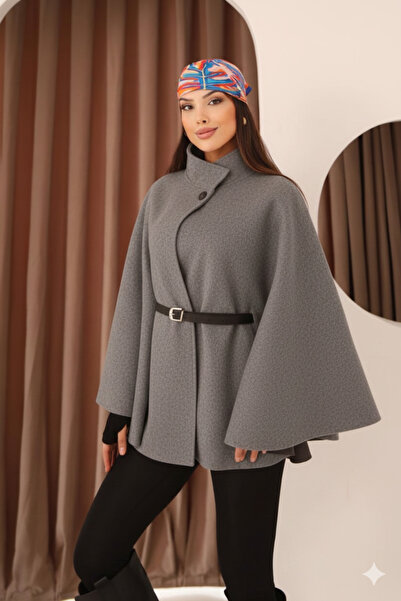Stil Sepeti Women's Gray Mock Neck Wide Sleeve Poncho with Belt Drl-200015330