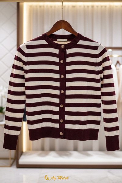 AYMELEK Women's Striped Knitwear Cardigan Buttoned Crew Neck Short Soft Textu...