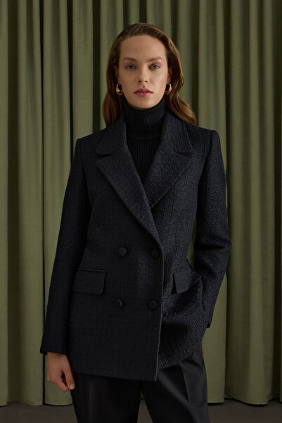 Aker Siyah Kruvaze Kapama Tweed Kumaş Ceket