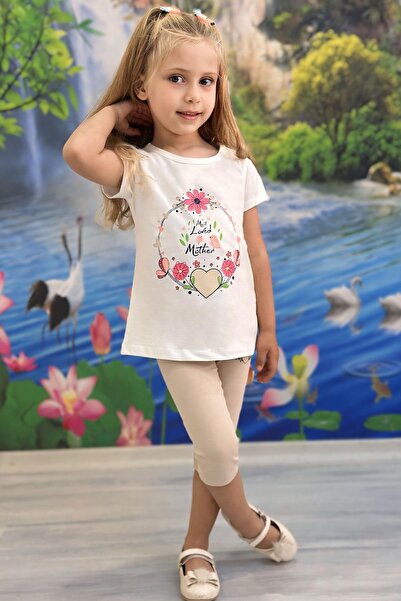 Breeze Girl's Capri Leggings Set Mother's Love Themed Flower Printed 1.5-5 Years Old, Ecru
