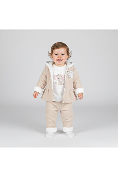 Bebezade Corded Fabric Velvet Coat with Elephant Embroidery 3-Piece Set Coat-...