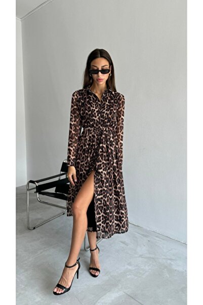 Ecenin Favorileri Φόρεμα πουκάμισο από σιφόν με σχέδιο λεοπάρ