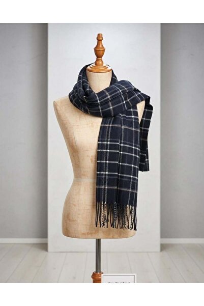 Markahit Eșarfă de lână pentru bărbați, cu dungi albastru bleumarin și alb