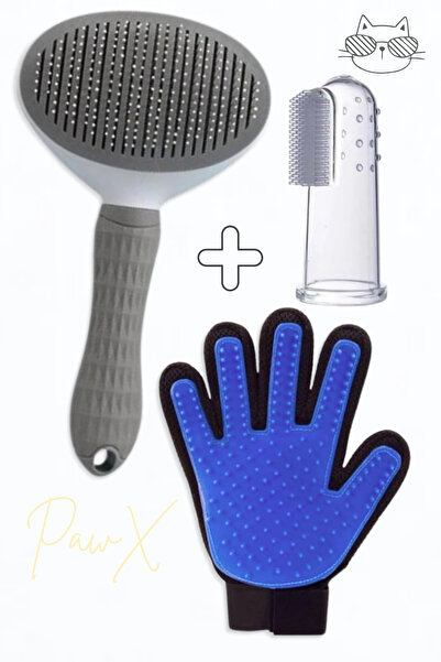 PapyonPet Kedi Köpek Tuşlu Basmalı Tarak Fırça + Tüy Toplama Tarama Yıkama Eldiveni + Diş Fırçası 3lü Set