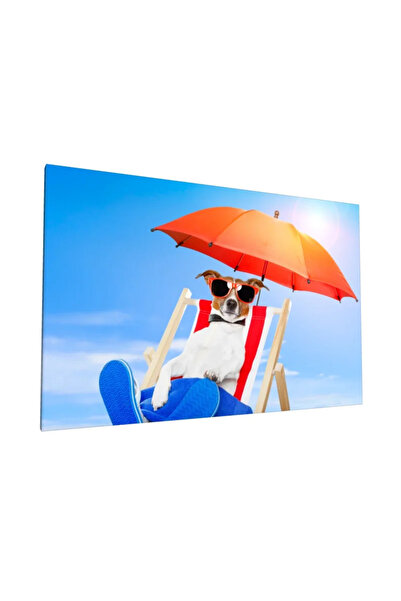 PozaTablou Pânză: Câine relaxat pe plajă sub o umbrelă roșie - 100x70 cm